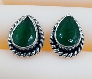 925 Sterling <b>Silver</b> Teardrop Green Onyx Gemstone <b>Stud</b> Earrings 8mm Vintage Rope Frame Handmade Green Stone Fine Jewelry - Product Image 1
