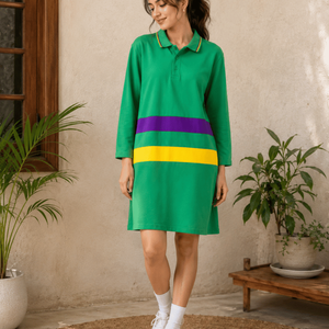 Robe polo verte pour femme, manches longues, détails à rayures contrastées, patte de boutonnage et coupe décontractée, confortable et décontractée - Product Image 5