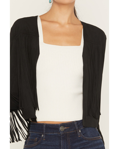 Boléro noir à franges pour femme, cardigan court ouvert sur le devant, style western bohème, haut drapé à manches longues, couverture légère, vente en gros OEM - Product Image 2