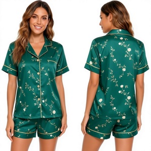 Women's Green Satin Floral Pajama <b>Set</b> Short Sleeve Button Front Elegant Sleepwear Summer Shorts Style - Product Image 1