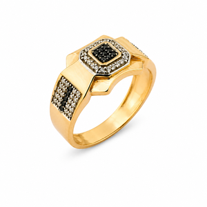 Solid 18K Gold <b>Mens</b> <b>Black</b> and White Diamond Signet <b>Ring</b> Geometric Square Cluster High Polish Statement Wedding Party Gift Fine - Product Image 2