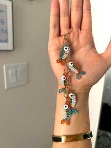 Handmade Multi Beaded Fish <b>Bag</b> <b>Charm</b> Keychain Blue White Gold Orange - Product Image 1
