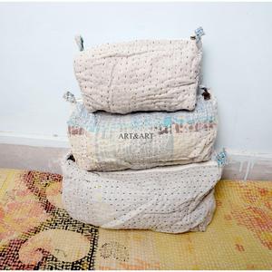 Ensemble de trousses de maquillage vintage légères et durables en tissu Kantha 100 % coton pur avec motif à pompons et fermeture éclair, écologiques - Product Image 6