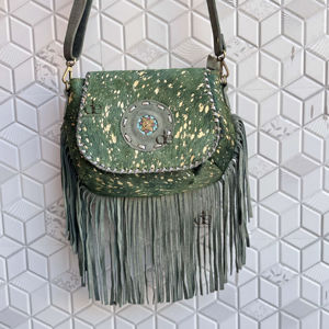 Bolso de mano con flecos de cuero de vaca para mujer, bandolera de piel metálica con flecos, bolso de fiesta - Product Image 1