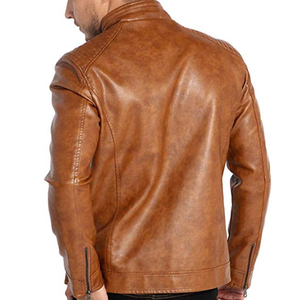 Men's Brown Genuine Leather <b>Waterproof</b> Breathable Moto <b>Jacket</b> Stand Collar Zipper Closure Slim Fit Regular Length Solid Color - Product Image 3