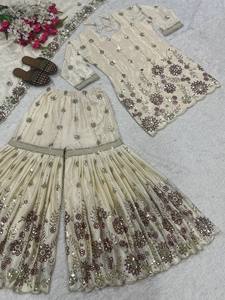 Ensemble Sharara en Georgette Crème Brodé, Tenue de Mariage Indienne et Pakistanaise pour Femme avec Dupatta, Robe de Soirée - Product Image 4