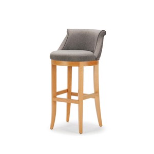 Chaise de bar moderne et durable avec accoudoirs fixes, siège et dossier en tissu gris, structure en bois massif, base en acier inoxydable pour utilisation à domicile ou au bar - Product Image 5