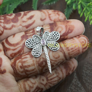Colgante de Libélula de Plata de Ley 925 con Turmalina Rosa, Joyería Hecha a Mano con Insectos Naturales, Regalo para Mujer, Collar Vintage con Piedras Preciosas - Product Image 3