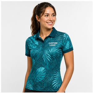 Polo Personalizado para Mujer con Estampado de Hojas Tropicales en Turquesa, Secado Rápido, Transpirable, Manga Corta, Uniforme de Golf, WPS-0816 - Product Image 1