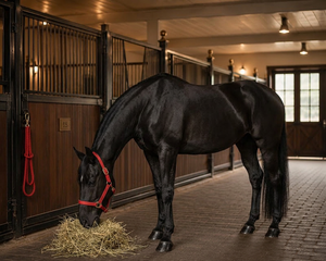 Harnais de cheval de style australien en nylon rouge avec boucles et anneaux dorés, ajustement réglable pour utilisation en écurie - Product Image 2