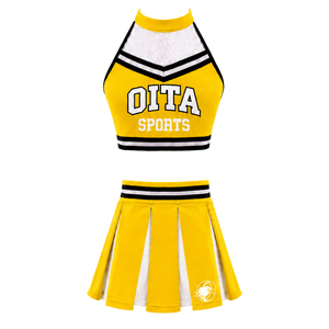 Ensemble d'uniformes de cheerleading jaunes personnalisés, jupe plissée, haut court, tenue de performance d'équipe, compétition de danse, vêtements de sport athlétiques - Product Image 1