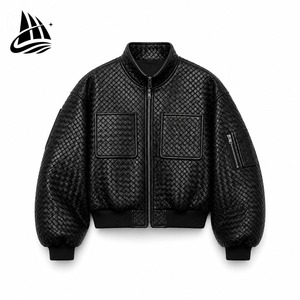 Men's <b>Black</b> PU Bomber <b>Jacket</b> Stand Collar Zipper Closure Quilted Design Windproof Moto Style Autumn Wear - Product Image 3