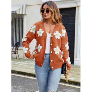 Women's Floral Knit <b>Cardigan</b> V-Neck Full Sleeve Casual <b>Spring</b> Wear 100% Acrylic Anti-Pilling Hand Knitted Single Breasted - Product Image 5