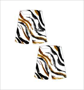 Shorts de basketball personnalisés blancs, noirs et dorés à motifs brossés, en maille respirante, pour l'entraînement sportif, le streetwear d'été et les vêtements de sport - Product Image 1