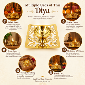 Lámpara de aceite Diya de latón hecha a mano con base cuadrada, portavelas para decoración de ceremonias religiosas de Pooja y Diwali - Product Image 4
