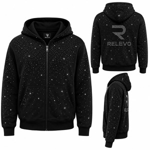 Sudadera con Capucha y Cierre de Cremallera para Hombre Relevo, con Pedrería, Corte Regular, Diseño Negro, Informal, para Primavera, 100% Algodón, Impermeable - Product Image 5