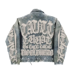 OEM Custom Patch Embroidery <strong>Letter</strong> Cotton Canvas Rhinestone Vintage Wash Distressed Denim <strong>Jacket</strong> and Shorts for <strong>Men</strong> - Product Image 3