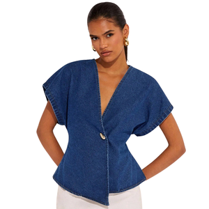 Women's Dark Blue Woven Denim Washed Button Wrap Style <b>Batwing</b> Sleeve V-Neck Casual Blouse Front Regular Fit Summer Office Wear - Product Image 1