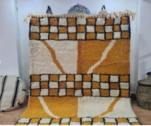 Alfombra Marroquí Anudada a Mano de Lana Blanca y Amarilla con Flecos, Geométrica, Antideslizante, Ecológica, para Sala de Estar, Niños, Oficina, Hotel - Product Image 3