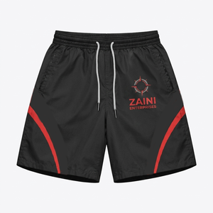 Short de sport décontracté pour homme en polyester tricoté 120 GSM, coupe-vent, noir et rouge avec empiècements contrastants - Product Image 1