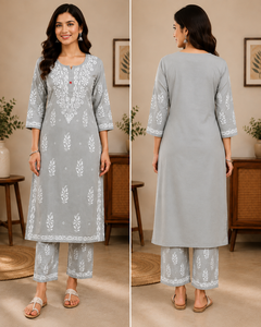 <b>Women</b> Gray Floral Printed <b>Kurti</b> Traditional Cotton Casual Wear Ankle-Length Regular Fit - Product Image 4