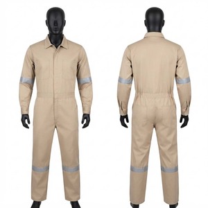 Combinaison de travail en twill 240 GSM, 65 % polyester, 35 % coton, beige, avec bandes réfléchissantes sur les manches et les jambes, poches utilitaires, logo personnalisé - Product Image 1
