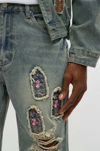 High Waist Slim Fit Patchwork <b>Jeans</b> With <b>Embroidered</b> Patches Distressed Denim Casual Style Spring Cotton Fabric - Product Image 3