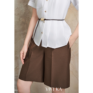Women's Smart Casual Brown Polyester Bermuda Short <b>High</b> Waist Tailored <b>Knee</b> Length EVAN - Product Image 3