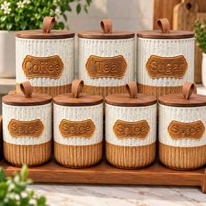 Collection de pots de cuisine rustiques en céramique avec couvercle en bambou et base en rotin tressé, couvercle moderne de luxe, multifonction, 201-300 ml - Product Image 4