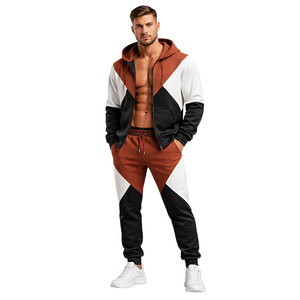 ชุดวอร์มบล็อกสีน้ำตาลสนิม-ดำสำหรับผู้ชาย เสื้อฮู้ดซิปและกางเกงจ็อกเกอร์ ชุดลำลองสำหรับออกกำลังกาย ฟิตเนส วิ่ง และสตรีทแวร์ - Product Image 4