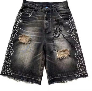 Pantalones Cortos de Mezclilla Negros Desgastados para Hombre con Gráfico de Esqueleto y Pedrería, Estilo Baggy, Hip Hop, Streetwear, Punk Rock - Product Image 1