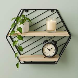 Étagère murale suspendue Better Home à deux compartiments en forme de losange, cadre en fer, étagère murale en bois de pin pour salon, chambre à coucher - Product Image 5