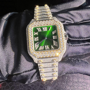 Montre automatique de luxe pour homme, cadran vert glacé, chiffres romains carrés, accents dorés, entièrement sertie de diamants, style hip-hop, bijoux de luxe - Product Image 6