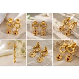 Luxury Gold Plated Ruby Quartz Stud Dangle Earrings for Women Textured Hoop Disc Earrings Handmade <b>Statement</b> Jewelry - Product Image 2