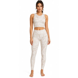 <b>Women</b> 2 Piece Yoga Set Marbled Print High Waist <b>Leggings</b> <b>Crop</b> Top Racerback Scoop Neck Full Length Spandex Polyester - Product Image 3