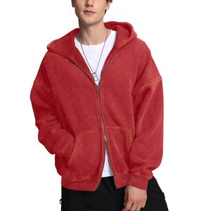 Sweat-shirt à capuche zippé surdimensionné pour homme en polaire rouge, couleur unie, tricoté, coupe classique, pour l'automne – Collection Homme : Sweats à capuche et sweats - Product Image 4