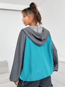 Wholesale Women's Waffle Knit Hoodies Color <b>Block</b> Henley Pullover Raglan Sleeve Button Placket Autumn Wear Private Label - Product Image 2