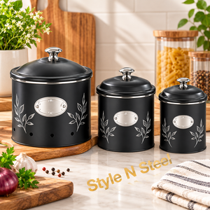 Recipiente de Metal Negro para Almacenamiento de Alimentos con Tapa, Recipiente de Cocina Acanalado para Granos, Cereales, Frutos Secos - Product Image 3