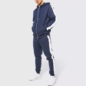Sweat-shirt à capuche zippé bleu marine pour homme avec empiècements latéraux blancs, manches longues, couleur unie, 100 % coton, poids moyen, coupe classique - Product Image 3