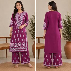 Ensemble ethnique floral exclusif pour femme : Kurti droit violet brodé à la main style Chikankari et palazzo assorti - Product Image 4