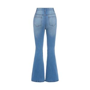 Vaqueros de mezclilla acampanados de tiro medio con detalle de lazo, bordado sólido, algodón, lavado a la piedra, corte ajustado casual, estilo primavera para mujer - Product Image 6