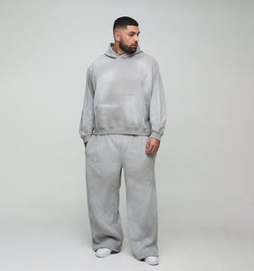 Ensemble survêtement gris à capuche pour homme grande taille, coupe ample, décontracté, sweat-shirt et pantalon, 100 % coton, pour l'automne - Product Image 1