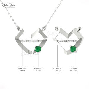 Unique Geometric <b>Design</b> 14K Fine Gold Diamond Dainty Pendant Necklace 4mm Brilliant Cut Emerald Gemstone Fine <b>Jewelry</b> for Women - Product Image 5