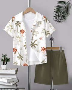 Boys Hawaiian Shirt Set Short Sleeve Button up Printed Top and Elastic Waist Shorts Summer Casual Outfit Polyester/Cotton - Product Image 6