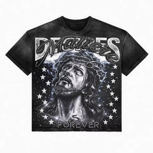 T-shirt Oversize Unisexe Vintage Streetwear Effet Délavé Acide avec Logo Strass Tricoté sur le Devant – Marque Américaine Scintillante - Product Image 1