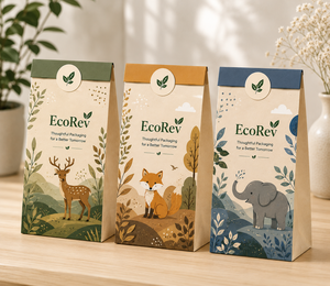 ถุงกระดาษคราฟท์รักษ์โลก EcoRev แบบพับได้เองพร้อมหูหิ้วแบบแบน ปิดผนึกด้วยกาวในตัว พิมพ์ออฟเซ็ต เกรดสำหรับอาหาร ใช้ในอุตสาหกรรม - Product Image 6
