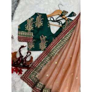 Saree de mujer de diseñador con bordado de cordones de lentejuelas y borde de encaje - Product Image 1