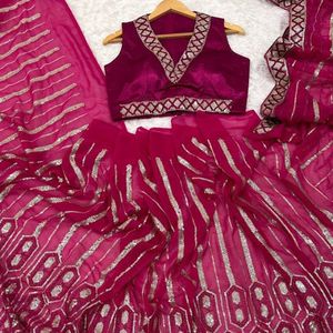 Sari de diseñador Georgette con lentejuelas, hilo y trabajo de Dori, y blusa con trabajo de lentejuelas, precio al por mayor de Royal Export - Product Image 6