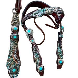 Nueva alta calidad Turqouise Headstall y Breastplate Fringes Horse One Ear Headstall Breast Collar Set Tack a precio mayorista - Product Image 2