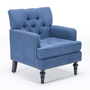Fauteuil club capitonné avec accoudoirs boutonnés, en tissu lin et velours côtelé, pour chambre et salon, style Mid-Century - Product Image 1